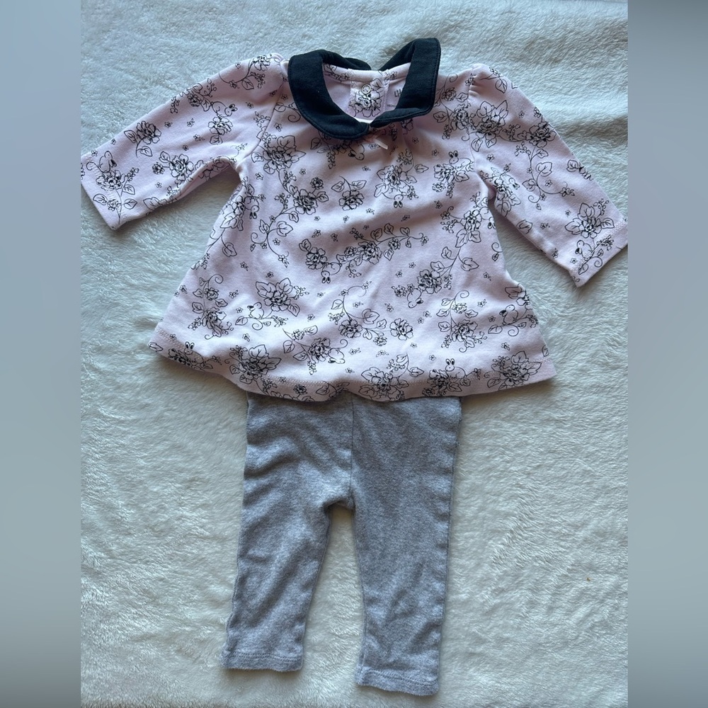 Little Me Pink Floral Babydoll Top with Black Collar
